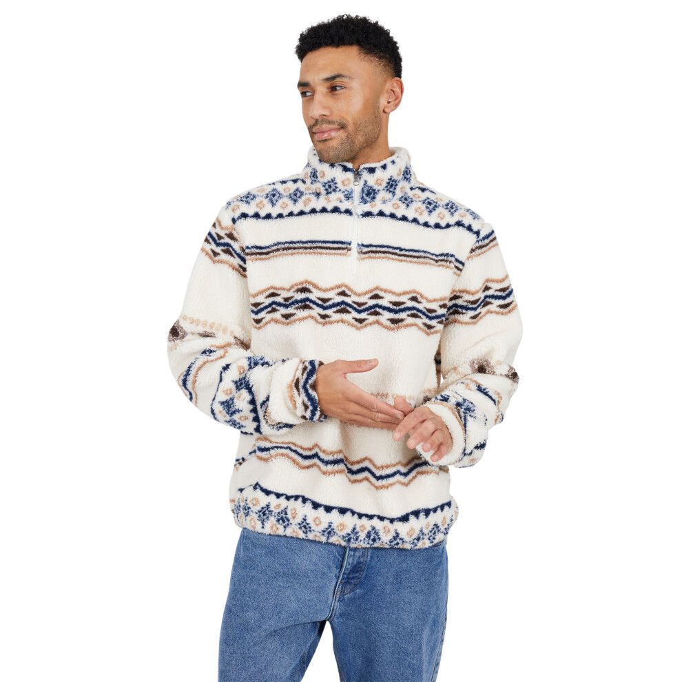 Brave Soul (L, Cream/Multicoloured) Mens Borg Quarter Zip Sweatshirt Multicoloured