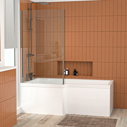 NES Home Nes Home L Shaped LH 1600mm Curved Shower Bath Acrylic Front Panel & Screen 1