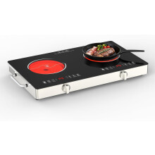 VBGK Double Electric Hob, 220V 3600W Ceramic Hob with Handle, Electric Hot Plate with 9 Power Levels, Child Safety Lock, Timer,Knob and Touch Control