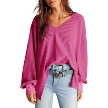 Blusa de Mujer Túnica Estructura de Waffle Holgada V-Neck Suave Cómoda Rosa XL — ropa mujer oversize, blusa de punto