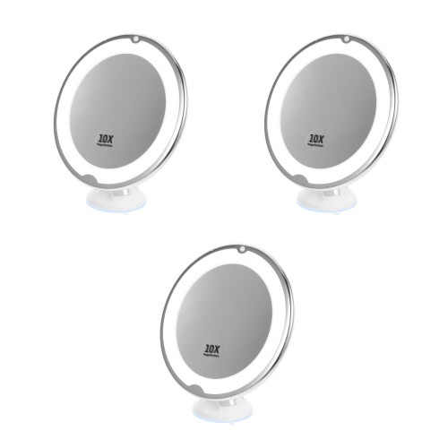 3St Compacte LED Make-Up Spiegel 10X Vergroting Met Zuignap