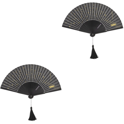 2Pièces Éventail Pliable Bambou Noir Style Chinois Décoratif 1