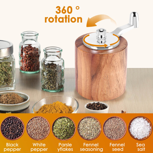 Pepper Mill, Hand Crank Wood Pepper Grinder with Classic Handle and Adjustable Ceramic Rotor 1