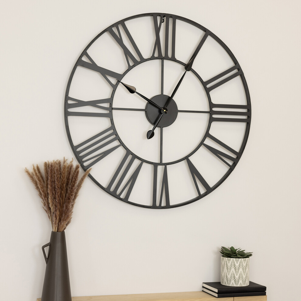 Charles Bentley Indoor Wall Round Minimalist Skeleton Clock With Roman Numerals Matte Black Large 80Cm