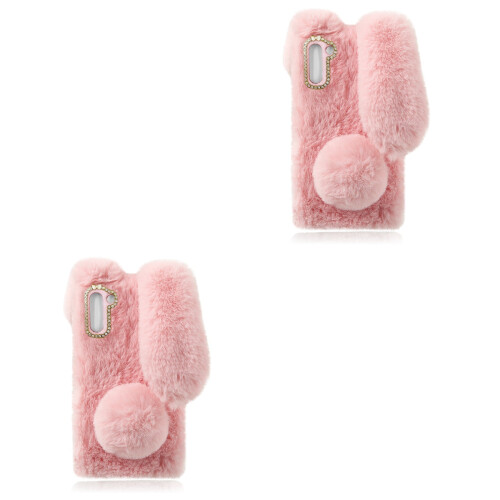 2Pièces Protection Téléphone Rose Fluffy Oreilles Résistante 2