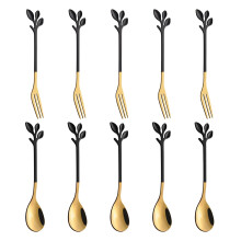 5 Spoon+5 Forks Stainless Steel Leaf Coffee Cake Spoon Fork Dessert Spoons,Stirring Teaspoon Set Appetizer Forks Spoons