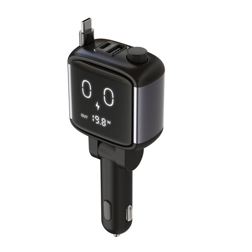 Car Phone Charger with Retractable Cable PD 65W Charging Cable USB-A Type-C 5V 3.6A Output with Display