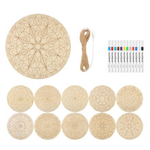 10 Pack Wood Mandala Painting Set with Wood Rounds,12-Color Acrylic Markers and String for Crafts and DIY Home Décor