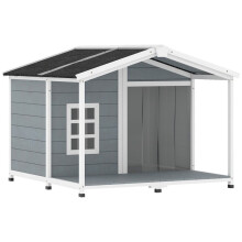 Caseta de madera para perros resistente a la intemperie con terraza, color gris.