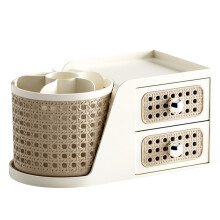Organisateur de Bureau Vintage en Rotin avec Porte-Stylo Rotatif et Double Tiroir, Boîte de Rangement pour Produits Cosmétiques et Articles de