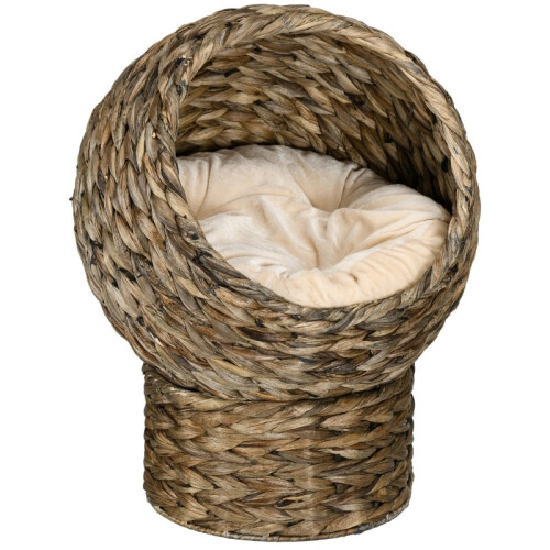 Grotte pour chat en rotin marron café avec coussin, 51 cm