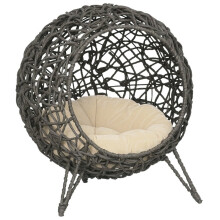 Rattan kattenmand met verhoogde poten en kussen, zilverkleurig