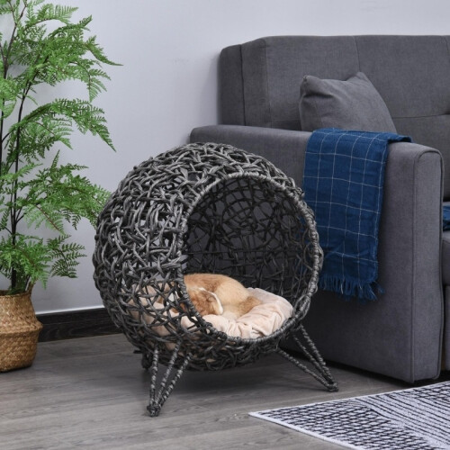 Cama de vime para gatos com pés elevados e almofada, prateada 1