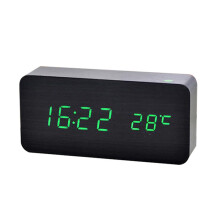(Black Green-LED) Wooden Digital Alarm Clock, LED Alarm Clock with Temperature Desk Clocks for Office,Bedside Clock