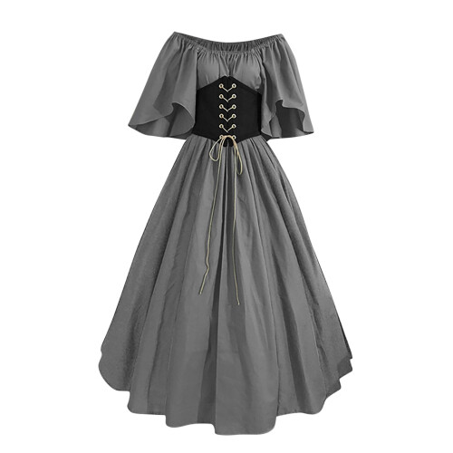 Vestido de baile cinza feminino do século XIX com espartilho e aplicações de patchwork –