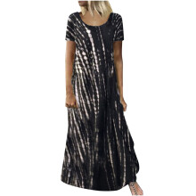 Vestido evasê tie-dye feminino, manga curta, preto, tamanho 3XL