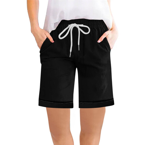 Sorte dameshorts i bomulds-hør med elastisk talje, XL