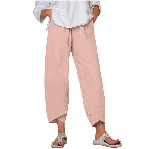 Pantaloni da jogging da donna in cotone e lino con tasche e vita alta elasticizzata.