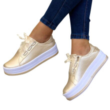 Tênis feminino plataforma com bico redondo e salto grosso, dourado, tamanho 7,5.