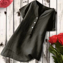 Camicia-tunica da donna in cotone e lino con scollo a V e maniche corte