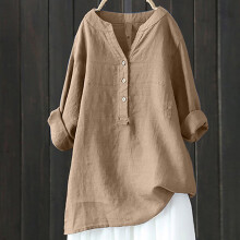 Tunique en coton et lin Ă col en V pour femme, manches longues