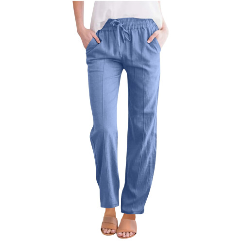 Calça feminina azul celeste de linho e algodão com pernas largas, tamanho XL.