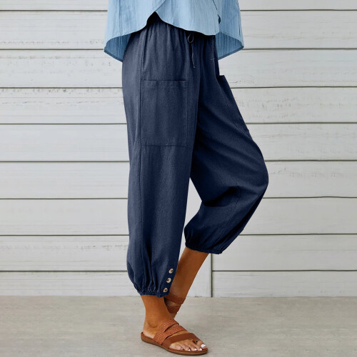 Pantaloni da jogging da donna in cotone e lino, blu navy, taglia S 2