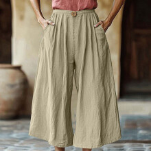Pantaloni largi croiți din bumbac și in pentru femei, cu elastic