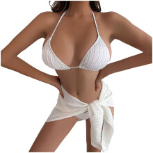 Bikini a tre pezzi da donna a vita alta, tinta unita
