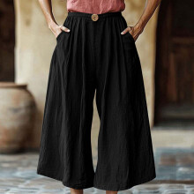 Pantaloni largi croiți din bumbac și in pentru femei, cu elastic