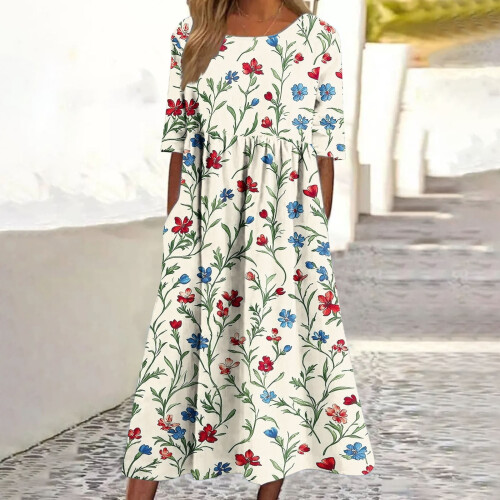 Damen-Midikleid mit Blumenmuster, gesmokter Taille und 1