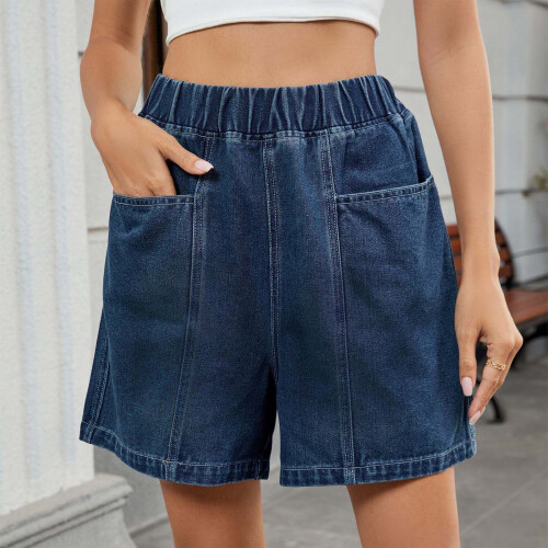 Shorts jeans femininos com cintura elástica e bolsos de 5 polegadas. 1