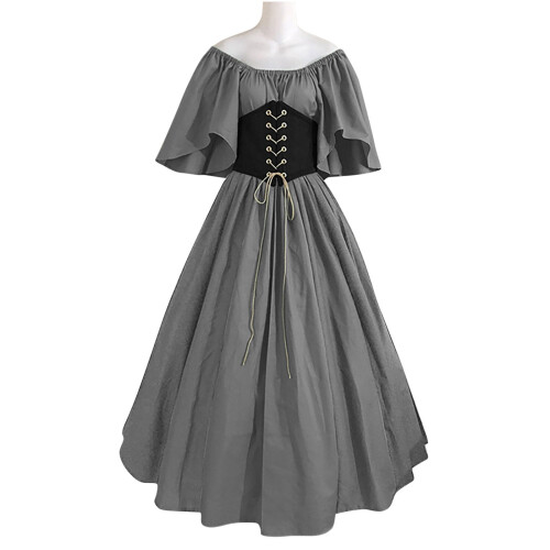 Vestido de baile cinza feminino do século XIX com espartilho e aplicações de patchwork – 1