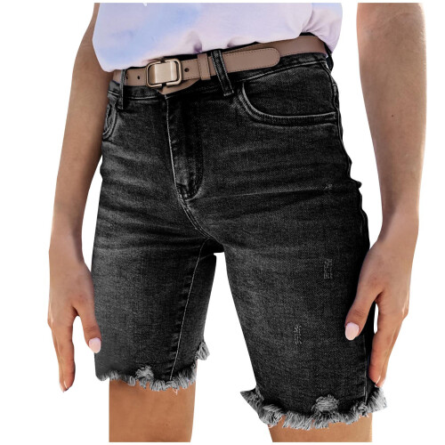 Korte denimshorts med knaplommer til damer 1