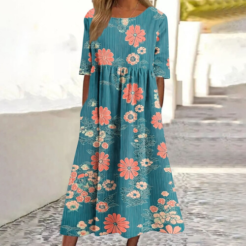 Damen-Midikleid mit Blumenmuster, gesmokter Taille und 1