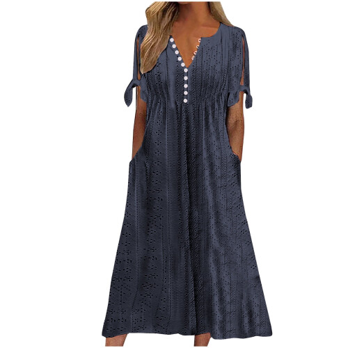 Abito lungo da donna con scollo a V, spalle scoperte e tasche. 1