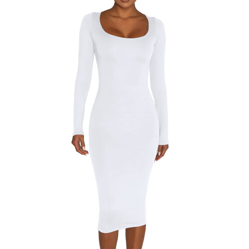 Women's slim solid scoop neck long sleeve dress
