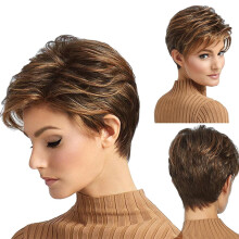 Pixie-Cut-Perücke, dunkelbraun mit blonden Strähnen, synthetisch