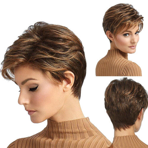 Pixie-Cut-Perücke, dunkelbraun mit blonden Strähnen, synthetisch