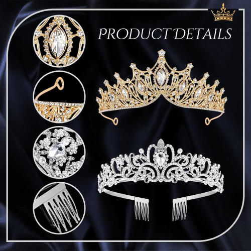 Set di tiara con strass per donna, oro e argento, 4 pezzi 2