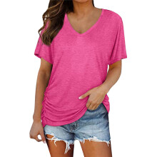 Camiseta de manga corta con cuello en V de algodón para mujer, tallas grandes