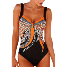 Women's orange high-waisted tummy-control swimsuit