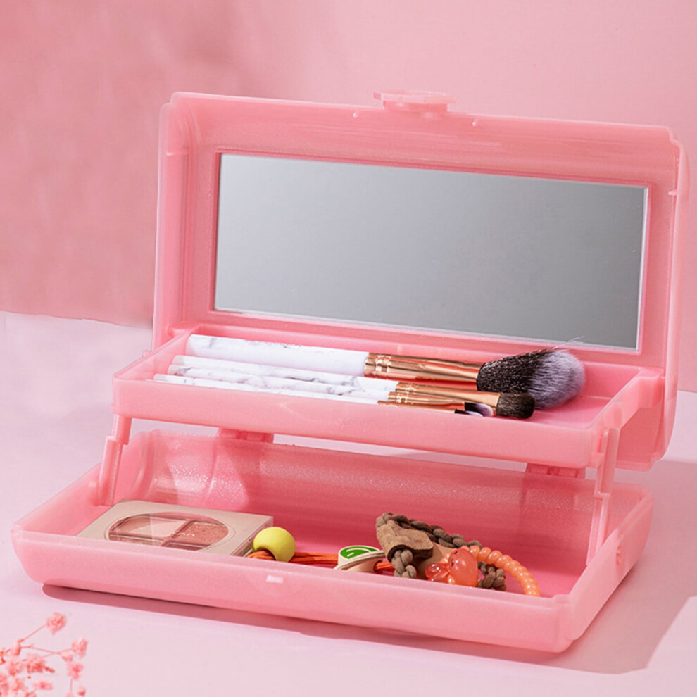 Portable 2-layer makeup box with mirror, pink/rose gold/gray