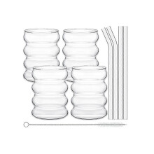 Vasos de vidrio ondulado estriado 4 unidades, 300ml con pajitas y cepillo limpiador, para café agua zumos fiestas picnic cocina