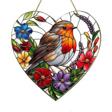 Robin Bird Suncatcher Stained Glass Effect Acrylic 20x20cm Hanging Window Ornament for Indoor Wall Balcony Decoration, Hope Rebirth Symbol
