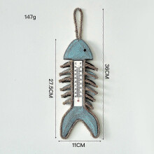 Wandthermometer in de vorm van een visgraat, houten vintage temperatuurmeter voor binnen en buiten, huis, tuin, kantoor en als wanddecoratie.