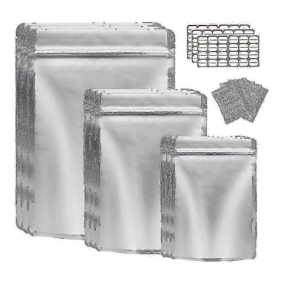 50 Pack Mylar Bags For Food Storage, With Oxygen Absorbers And Labels, Resealable, 3 Assorted Sizes For Grains Nuts Dry Food Storage 6901168107515