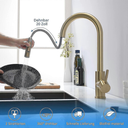 Kitchen Faucet, Brushed Gold, Pull Out Spray, 360 Degree Swivel, for Kitchen Sink Use 1