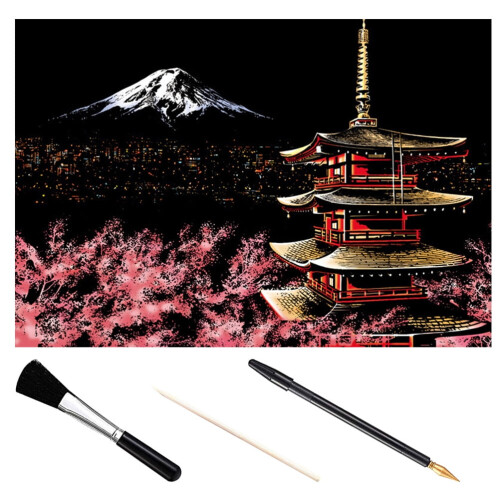 Mount Fuji Scratch Painting Kit for Adults with 3 Tools 1