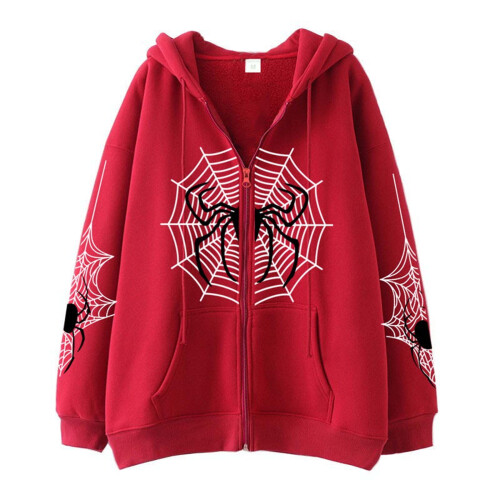Y2K-sweatshirt med edderkoppeprint og drop-shoulder til kvinder